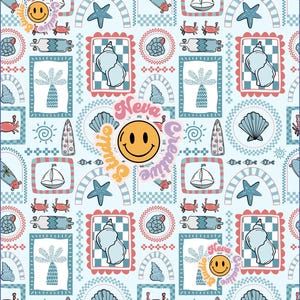 May include: A repeating pattern on a pale blue background with beach-themed illustrations. The design includes seashells, sailboats, skateboards, starfish, crabs, and a smiley face. The text "Neva Creative Studio" is also present.
