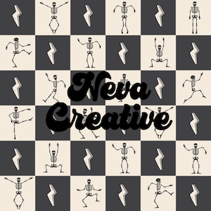 May include: A black and white chequered background with a repeating pattern of skeletons in various poses. The text "Neva Creative" is written in a bold, black font in the centre of the image.