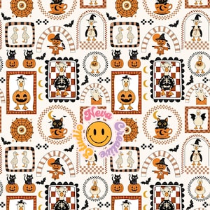 May include: A repeating pattern featuring Halloween-themed illustrations. The design includes pumpkins, black cats, bats, spiders, ghosts, and ducks in various frames and circles. The color palette is primarily orange, black, and cream.