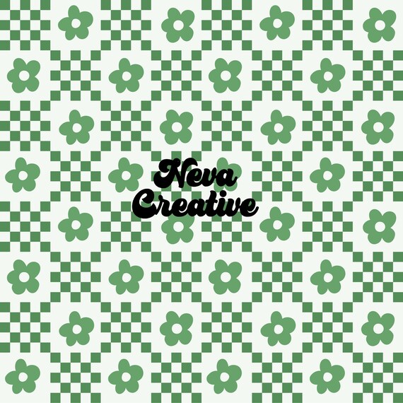 Retro Green & Pink Checker Daisy Pattern: Seamless Summer Fabric (JPG File, 300 DPI Resolution)