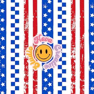 May include: A patriotic design featuring red and white stripes, blue squares, and white stars. A yellow smiley face with the text "Neva Studio Creative" is in the center. The design has a distressed, vintage look.