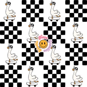 May include: A repeating pattern featuring cartoon geese wearing sunglasses and hats riding skateboards, set against a black and white checkered background. The design includes a logo with a smiling face and the text "Neva Studio Creative."