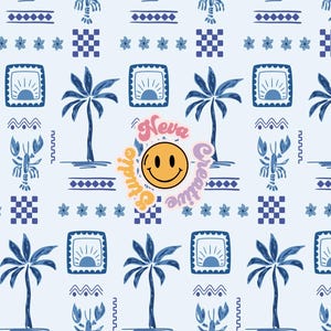 Puede incluir: Patrón repetitivo con palmeras azules, langostas y diseños cuadrados sobre fondo blanco. El diseño incluye una cara sonriente con el texto "Neva Studio Creative".
