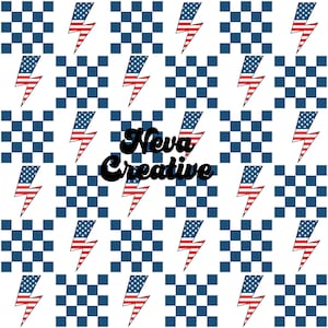 May include: A repeating pattern of blue and white checkered squares and red, white, and blue lightning bolts. The lightning bolts are designed to look like the American flag. The words "Neva Creative" are in black script.