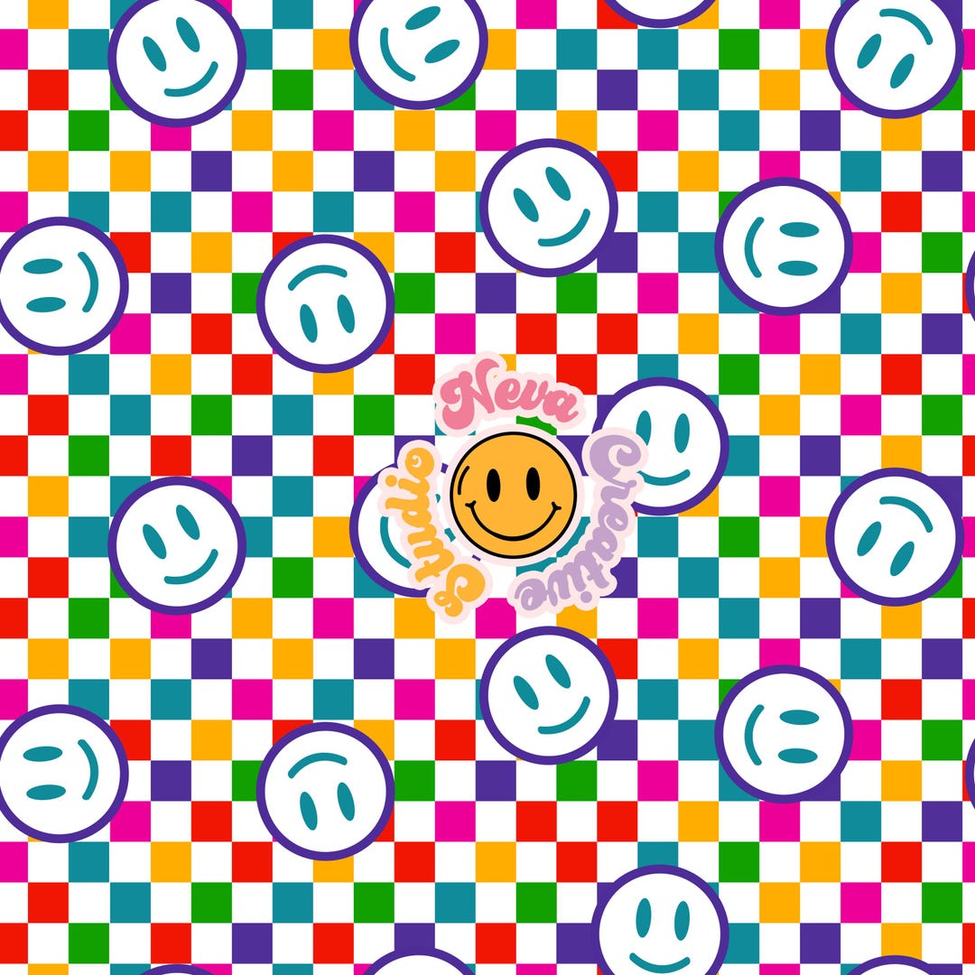 Neon Checkered Smiley Face Pattern: Swim Safe Fabric Design (digital ...