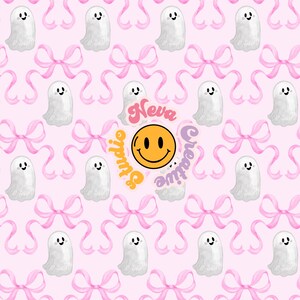 May include: A repeating pattern of white cartoon ghosts, pink bows, and a smiley face on a light pink background. The text "Neva Studio Creative" is also present in the design.