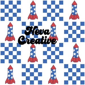 May include: A repeating pattern featuring red, white, and blue rockets with star accents, alternating with blue and white checkered squares. The text "Neva Creative" is in a black, retro font.