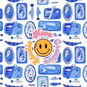May include: A whimsical pattern featuring blue sardine cans, fish illustrations, and the text "Sardine" and "Tune". A yellow smiley face with the words "Studio Creative Neva" is in the center. The design is on a white background.