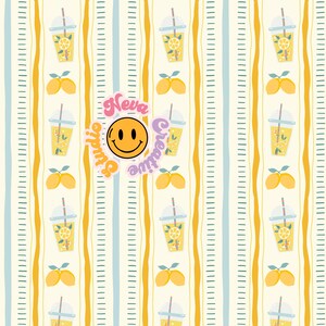 May include: A repeating pattern featuring yellow lemons, lemonade cups, and vertical stripes in yellow and light blue on a cream background. The design includes the text "Neva Creative" and a smiley face.