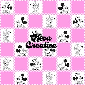 Op de afbeelding: Een roze en witte geruite achtergrond met zwart-witte afbeeldingen van Mickey Mouse en Donald Duck. De tekst "Neva Creative" staat in het midden van de afbeelding.
