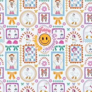 May include: A repeating pattern with cartoon geese wearing hats and boots, bows, flowers, and arches. The design includes a smiley face and the text "Neva Creative Smiling Studio" in a colourful style on a light blue background.