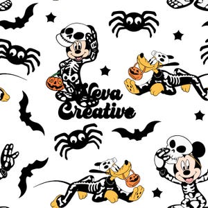 May include: A black and white Halloween themed pattern featuring Mickey Mouse and Pluto dressed as skeletons, holding jack-o-lanterns and candy buckets. The pattern also includes bats and spiders.
