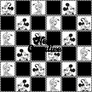 May include: Black and white chequered pattern with cartoon images of Mickey Mouse and Donald Duck. The text "New Creative" is in the centre of the image.