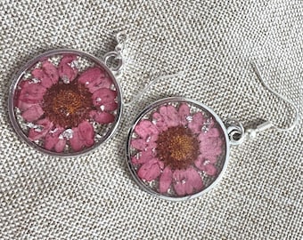 Pressed Flower Resin Earrings | Pink Silver Circle