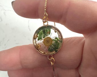 Pressed Flower Adjustable Slide Bracelet  |White Green Gold Boho
