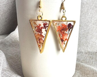 Pressed Flower Resin Earrings | Orange Gold Triangle