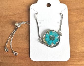 Pressed Flower Adjustable Slide Bracelet  | Blue & Silver