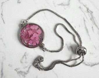 Pressed Flower Adjustable Slide Bracelet  | Pink & Silver
