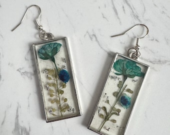 Pressed Flower Resin Earrings | Blue Silver Dangle