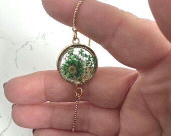Pressed Flower Adjustable Slide Bracelet  | Green Gold Boho