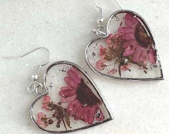 Pressed Flower Resin Earrings | Pink Silver Hearts