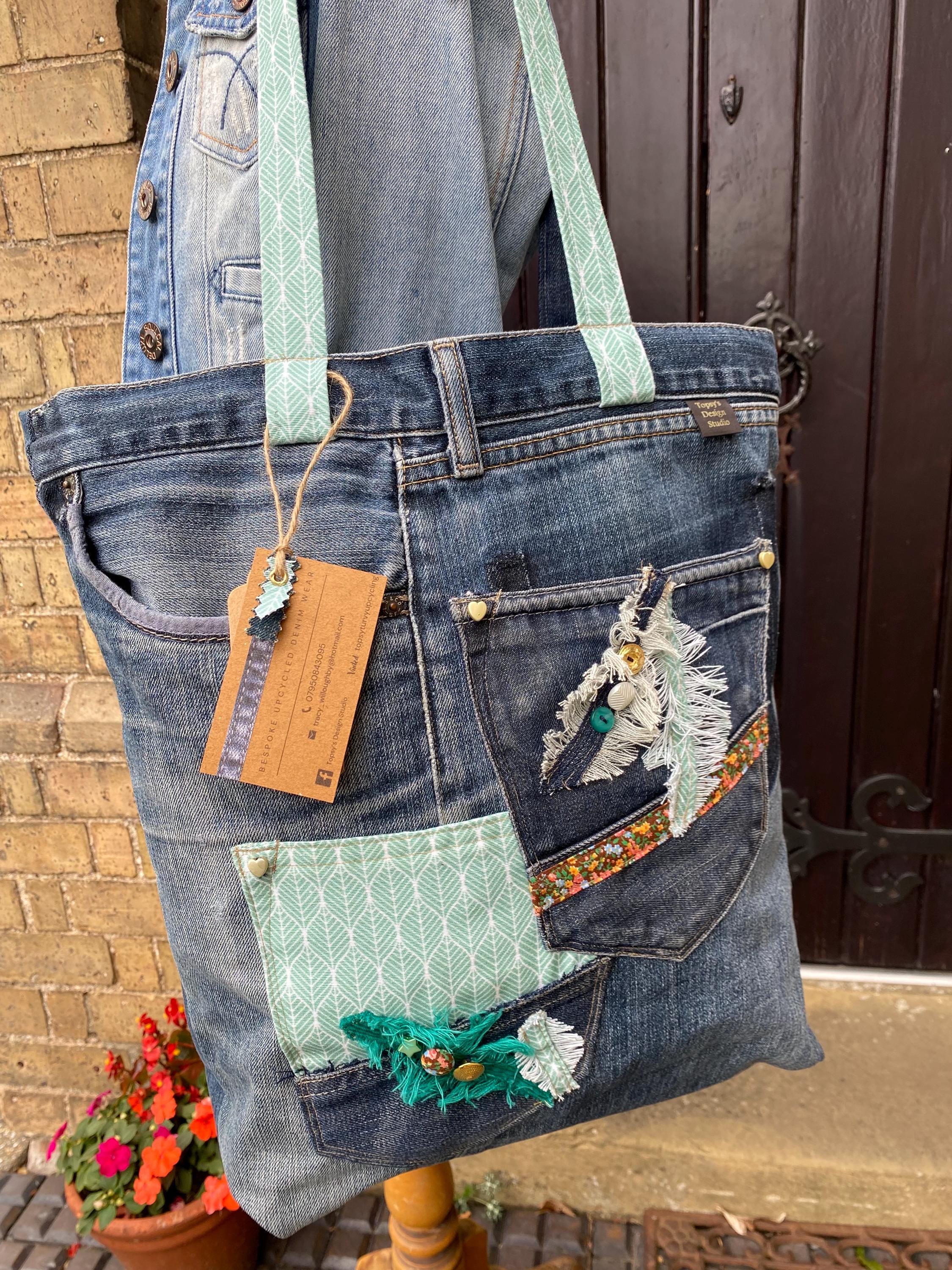 Upcycled Denim XL Tote Bag – Handmade Boho Festival Shoulder Bag