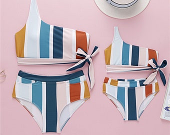 Striped One-Shoulder Bikini: Mommy and Me Matching Swimsuit