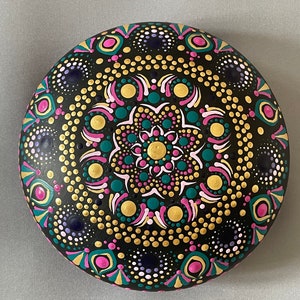 Handmade and hand painted extra large Mandala, Rangoli, Dotted stone black with pink and gold - Meditation - Home Decoration - Gift Idea