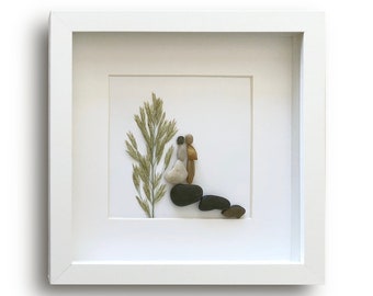 Happiness, Framed Pebble Art of a Wedding Couple,                    with real Pressed Ornamental Grass - a Natural Wall Decor