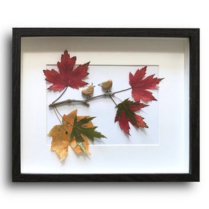 Romantic Gift, Framed Pebble Art with real Pressed Maple Leaves -                  &quot;The Grapevine&quot;, Two Love Birds - a Natural Home Decor