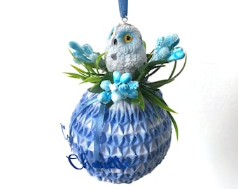 Smocked Ornament: “C’est Chouette!” Celebration Owl - One of a Kind Handmade Keepsake - Personalized Festive season decoration