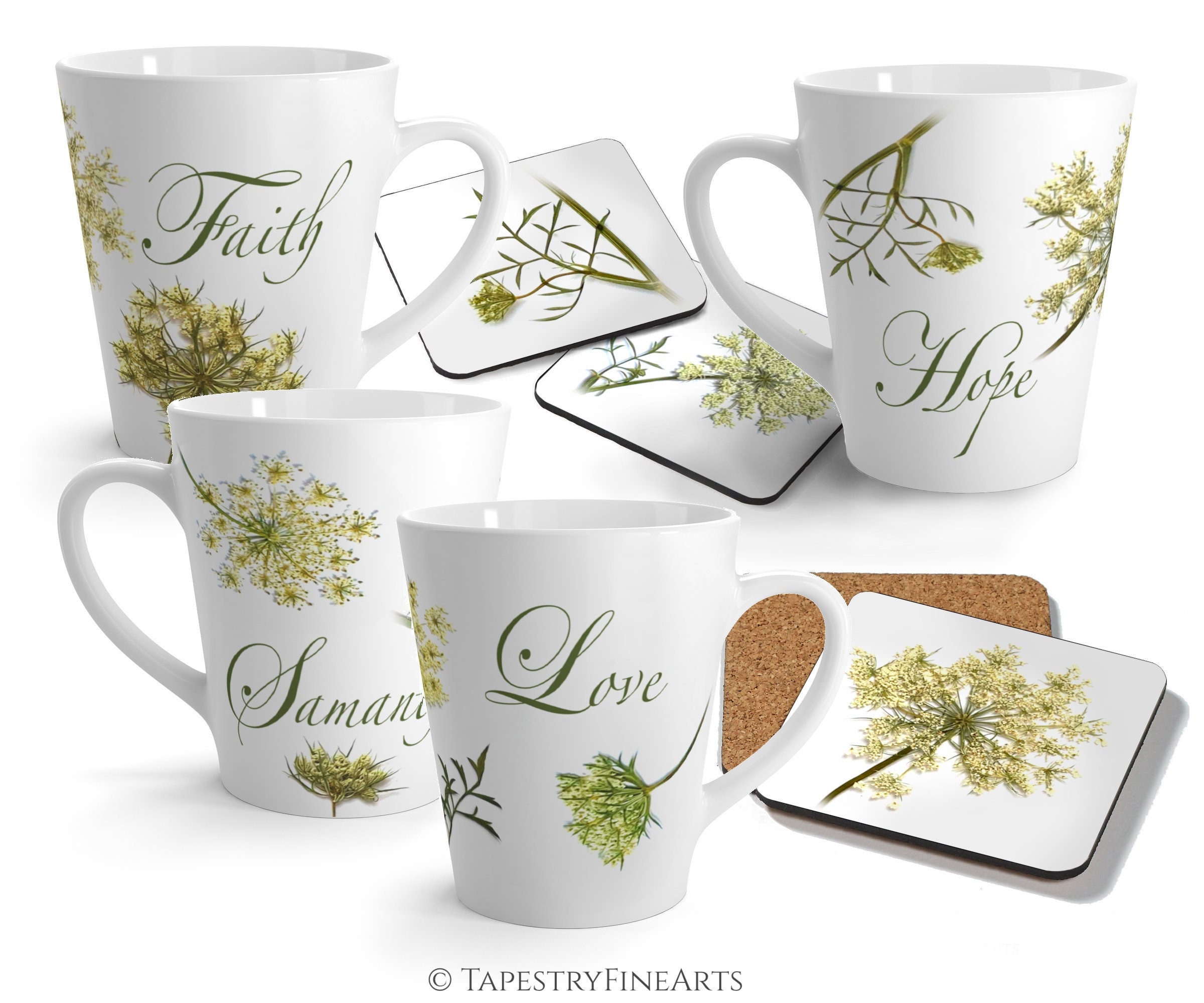 Faith, Hope, Love - Original Pressed Flower Mugs Set Ensemble de 4 Tasses Inspirantes avec Sous-Verr