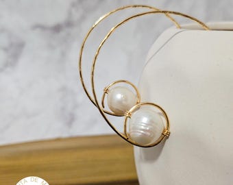 Gold tone modern classic hoops with natural pearls handmade jewelry