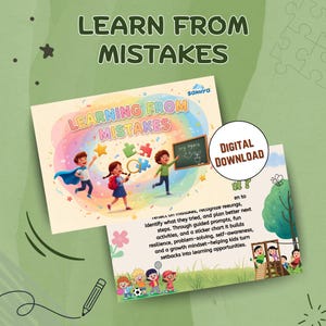 May include: Two illustrated cards with the text "LEARN FROM MISTAKES" and "LEARNING FROM MISTAKES". The first card shows children with a cape, magnifying glass, and puzzle pieces. The second card has the words "DIGITAL DOWNLOAD".