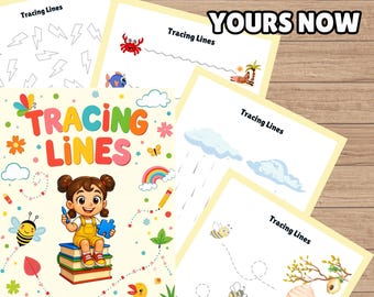 May include: A colorful children's tracing workbook with the text "TRACING LINES" and "GRAB YOURS NOW". The workbook features illustrations of a girl, bees, a ladybug, and tracing exercises with various shapes and lines.