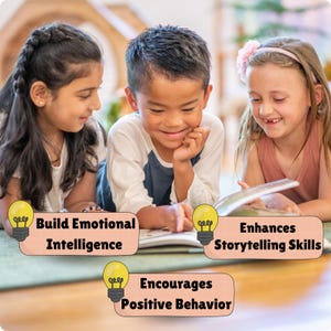 May include: Three children are lying on the floor reading a book together. The book is open and the children are pointing at the pages. There are three lightbulb icons with text below them: "Build Emotional Intelligence", "Enhances Storytelling Skills", and "Encourages Positive Behavior".