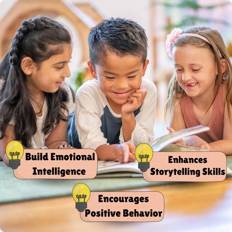 May include: Three children are lying on the floor reading a book together. The book is open and the children are pointing at the pages. There are three lightbulb icons with text below them: "Build Emotional Intelligence", "Enhances Storytelling Skills", and "Encourages Positive Behavior".