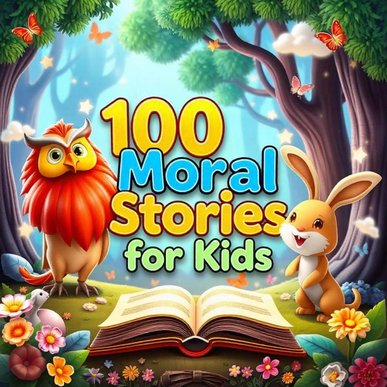May include: An illustration of a book with the text "100 Moral Stories for Kids" on the cover. The book is open and there is a red owl and a brown rabbit on either side of the book. The background is a green forest with butterflies.