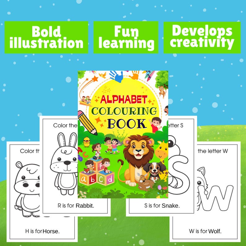 May include: A colourful alphabet colouring book with illustrations of animals and children. The book includes letters from H to W, with each letter representing a different animal. The book is titled "Alphabet Colouring Book".