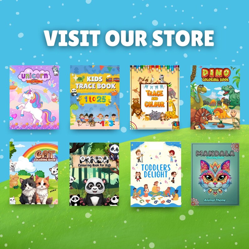 May include: A collection of colouring books featuring various themes, including unicorns, dinosaurs, cats, pandas, mandalas, and toddlers. The covers are colourful and feature illustrations of the themes.
