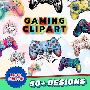 Op de afbeelding: Een digitale clipartset met meer dan 50 kleurrijke ontwerpen van gamecontrollers. De controllers zijn in verschillende stijlen, waaronder klassiek, modern en futuristisch. De set bevat een verscheidenheid aan kleuren, zoals blauw, rood, groen, geel en zwart.