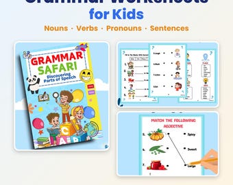 Puede incluir: Hojas de trabajo de gramática para niños con una portada de Grammar Safari que muestra un panda, niños e iconos educativos. Incluye ejercicios para completar espacios, relacionar adjetivos e identificar sustantivos y verbos.