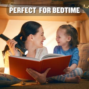 May include: A woman and a young girl are reading a book together in a tent. The woman is holding a flashlight and the girl is smiling. The text "PERFECT FOR BEDTIME" is visible above the tent.