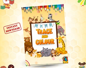 May include: A colorful printable activity book cover featuring a variety of animals, including a giraffe, zebra, monkey, and elephant. The cover has the text "Trace and Colour" in a yellow banner.