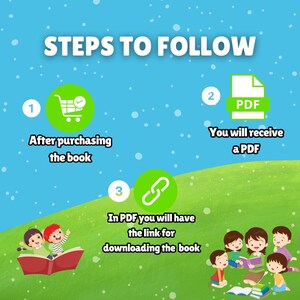 May include: A colourful infographic with three steps to follow after purchasing a book. Step 1: A green circle with a shopping cart icon. Step 2: A green circle with a PDF icon. Step 3: A green circle with a link icon. The infographic is set against a blue background with white dots and a green grassy hill.