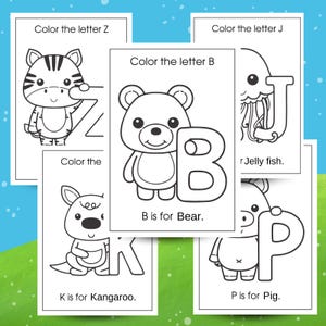 May include: Black and white colouring pages featuring letters of the alphabet, animals, and the words "Colour the letter", "is for", and "Jelly fish".
