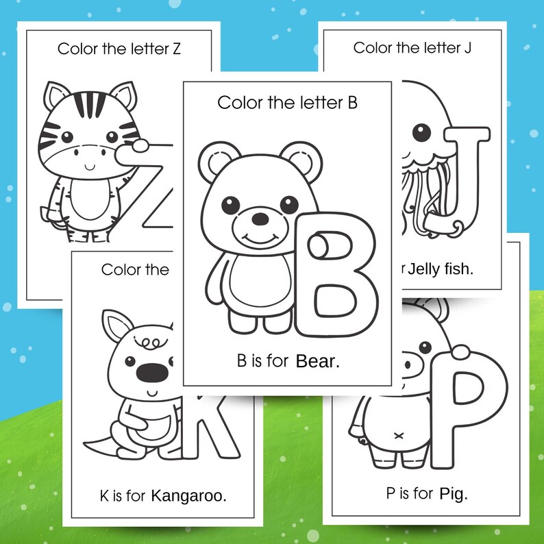 May include: Black and white colouring pages featuring letters of the alphabet, animals, and the words "Colour the letter", "is for", and "Jelly fish".