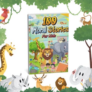May include: A colorful book cover with the title "100 Moral Stories for Kids". The cover features a variety of animals, including a giraffe, lion, elephant, and monkey. The book is illustrated in a cartoon style.