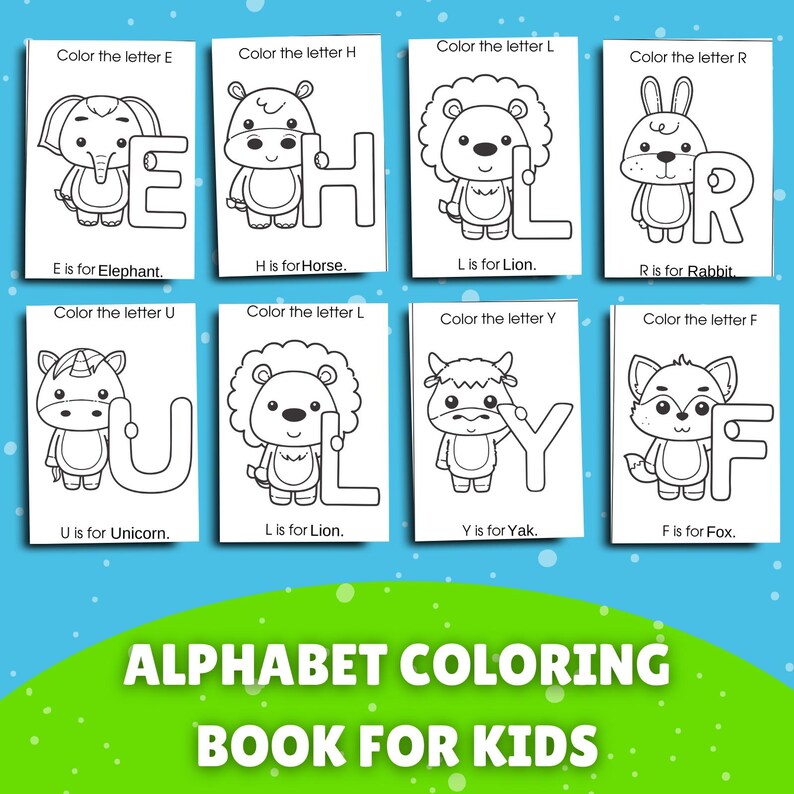 May include: Black and white colouring book pages featuring alphabet letters with animals. Each page has a letter, animal, and the phrase "Colour the letter [letter]" and "[letter] is for [animal]". The title of the book is "Alphabet Colouring Book for Kids".
