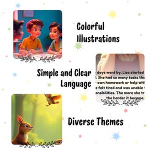 May include: Colorful illustrations of children and animals in a book with the text "Simple and Clear Language" and "Diverse Themes".